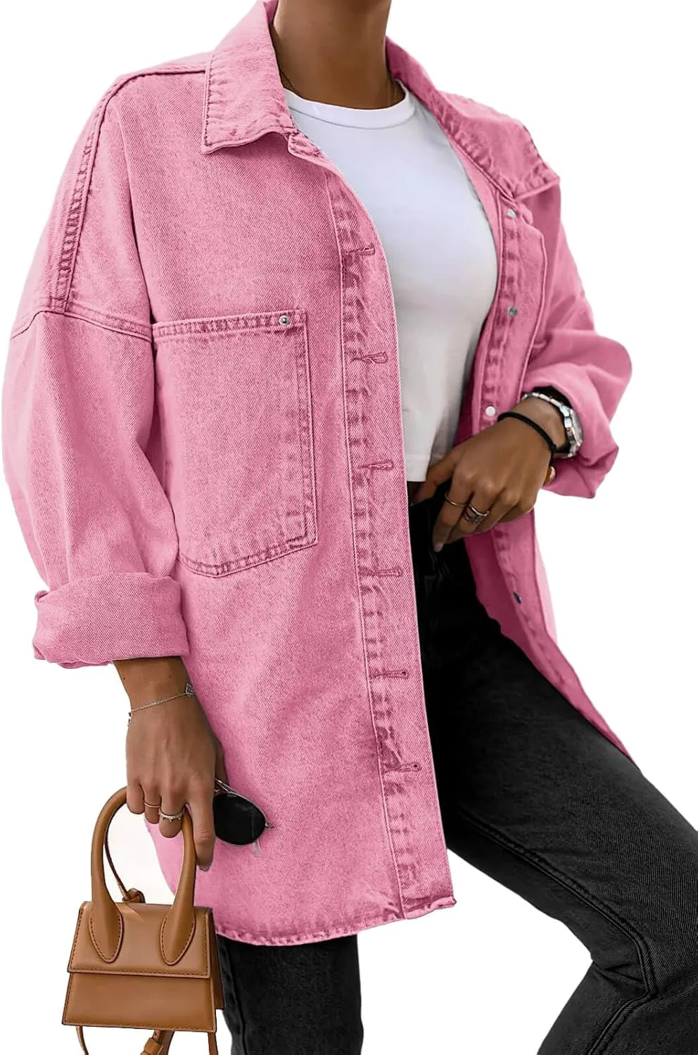 Saodimallsu Women's Oversized Denim Jackets Casual Button Down Long Boyfriend Jean Coats with Pockets