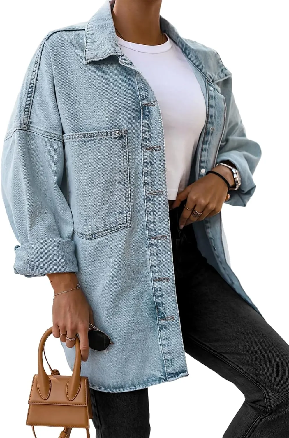 Saodimallsu Women's Oversized Denim Jackets Casual Button Down Long Boyfriend Jean Coats with Pockets