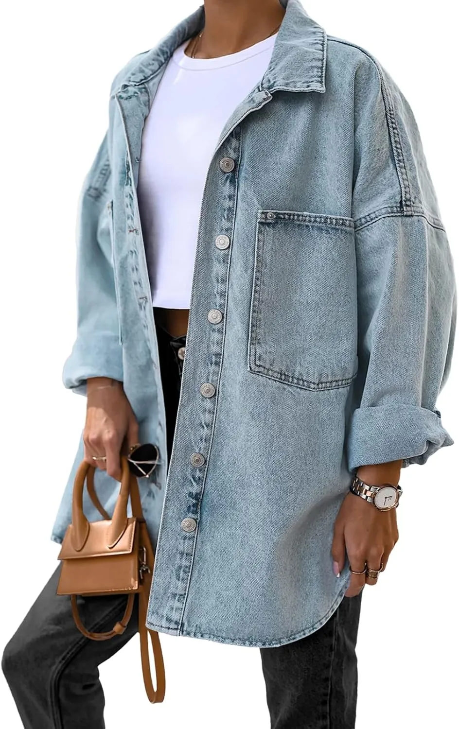 Saodimallsu Women's Oversized Denim Jackets Casual Button Down Long Boyfriend Jean Coats with Pockets