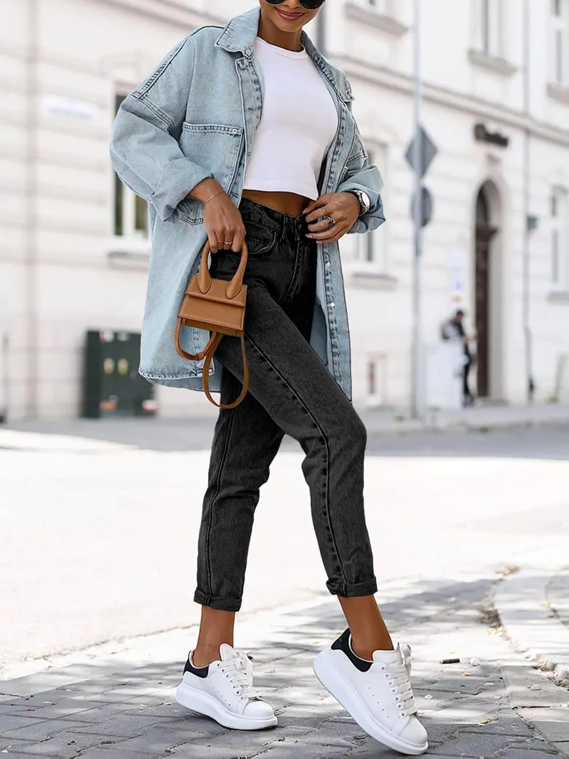 Saodimallsu Women's Oversized Denim Jackets Casual Button Down Long Boyfriend Jean Coats with Pockets