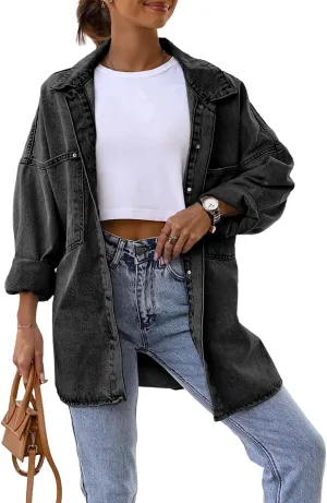 Saodimallsu Women's Oversized Denim Jackets Casual Button Down Long Boyfriend Jean Coats with Pockets