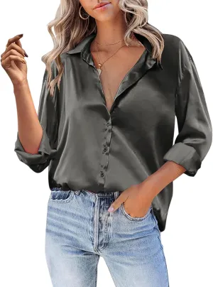 Satin Blouses for Women Dressy Silk Lapel Button Down Long Sleeve Shirts Casual Loose Solid Color Office Work Shirt