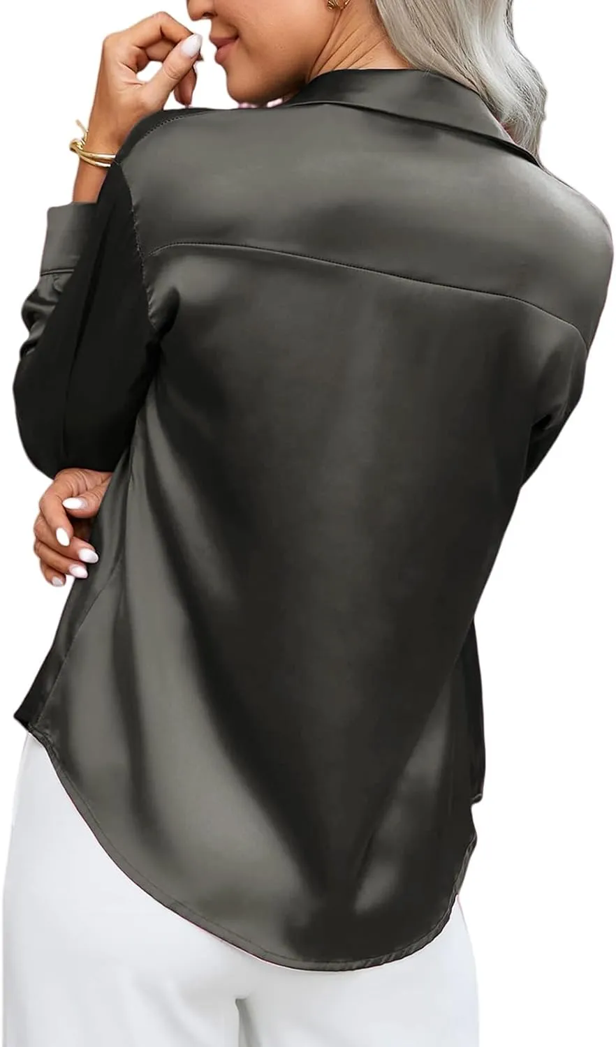 Satin Blouses for Women Dressy Silk Lapel Button Down Long Sleeve Shirts Casual Loose Solid Color Office Work Shirt