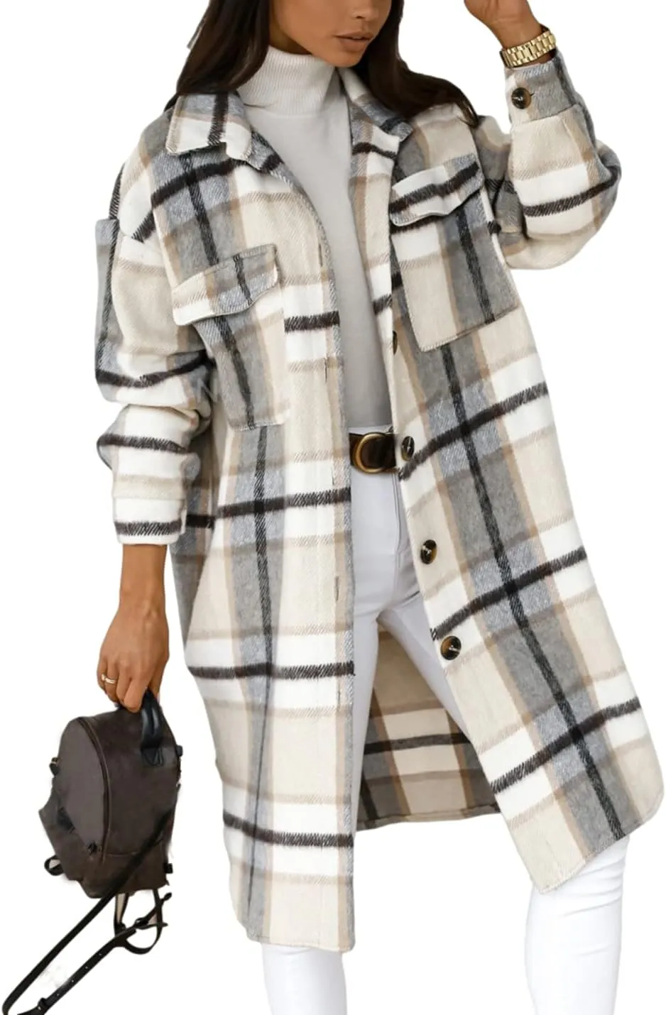 SeekMe Women's Oversized Flannel Plaid Shacket Jacket Flap Pocket Lapel Button Down Long Shirt Jackets