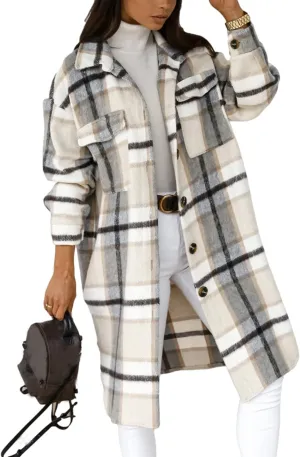 SeekMe Women's Oversized Flannel Plaid Shacket Jacket Flap Pocket Lapel Button Down Long Shirt Jackets