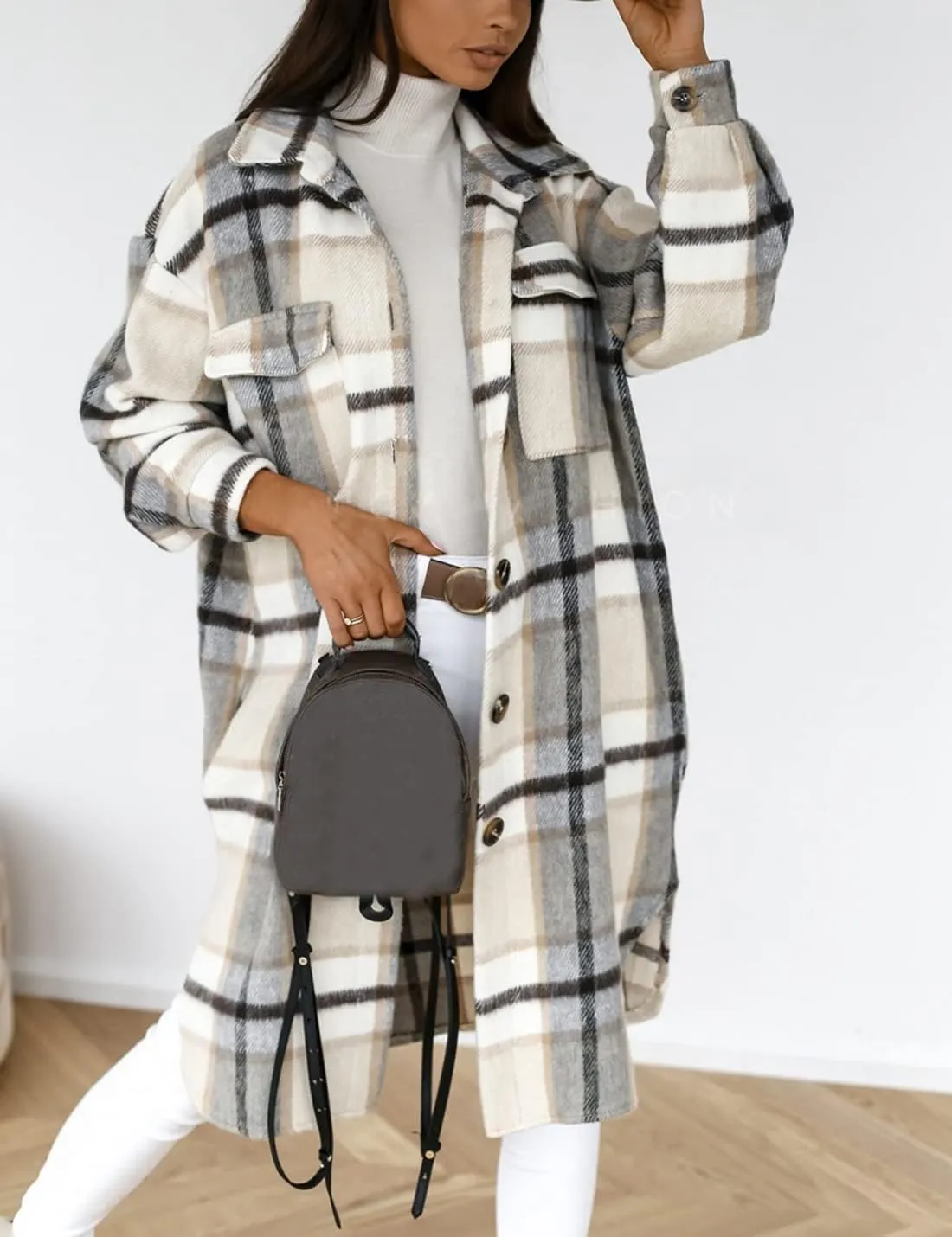 SeekMe Women's Oversized Flannel Plaid Shacket Jacket Flap Pocket Lapel Button Down Long Shirt Jackets
