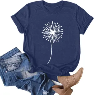 Short Sleeve Summer Boho T Shirt Women Formals Plus Size Scoop Neck Tops Fit Dandelion Stretchy Ruffle