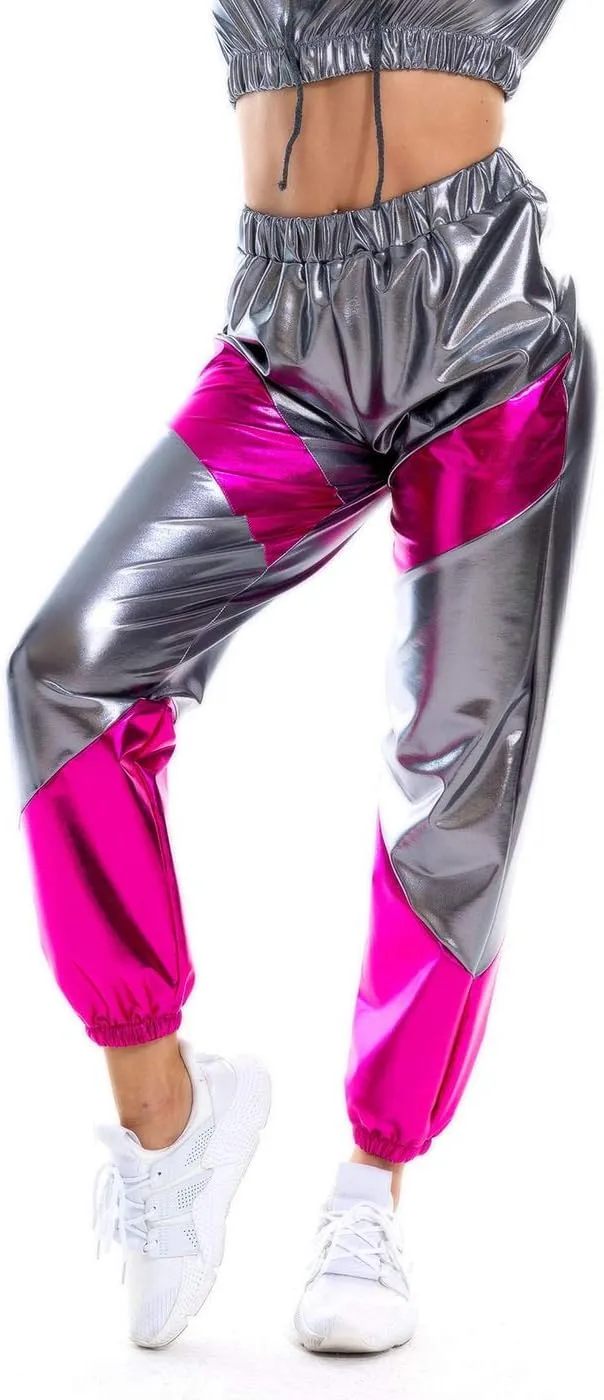SIAEAMRG Womens Shiny Metallic High Waist Stretchy Jogger Pants, Wet Look Hip Hop Club Wear Holographic Trousers Sweatpant