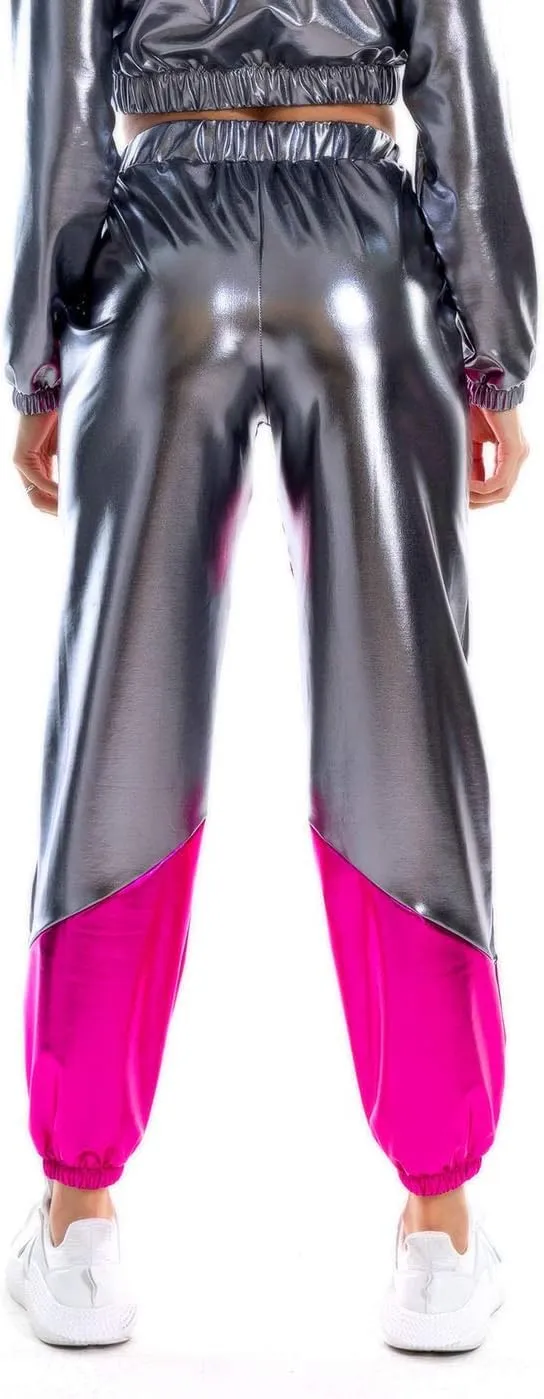 SIAEAMRG Womens Shiny Metallic High Waist Stretchy Jogger Pants, Wet Look Hip Hop Club Wear Holographic Trousers Sweatpant