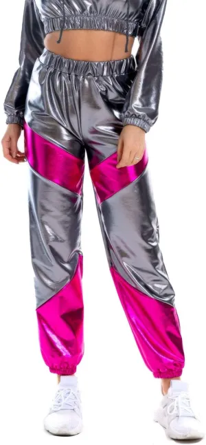 SIAEAMRG Womens Shiny Metallic High Waist Stretchy Jogger Pants, Wet Look Hip Hop Club Wear Holographic Trousers Sweatpant