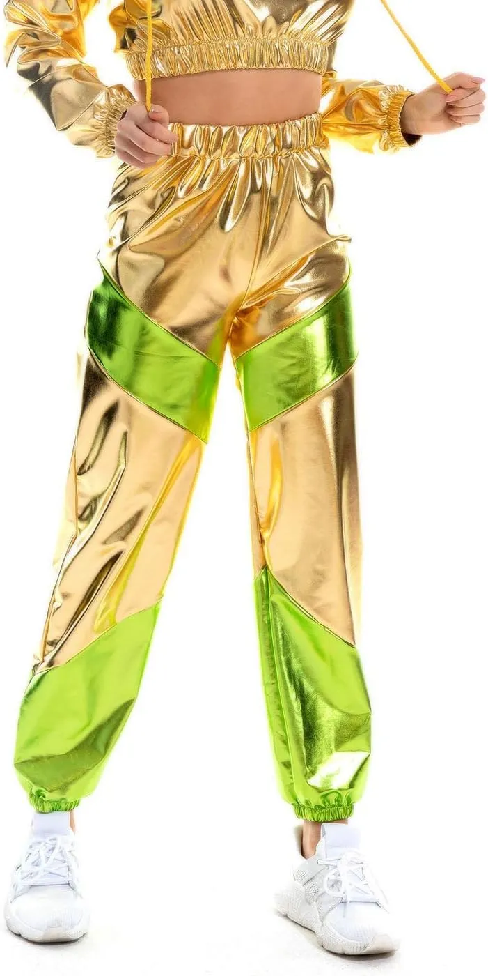 SIAEAMRG Womens Shiny Metallic High Waist Stretchy Jogger Pants, Wet Look Hip Hop Club Wear Holographic Trousers Sweatpant