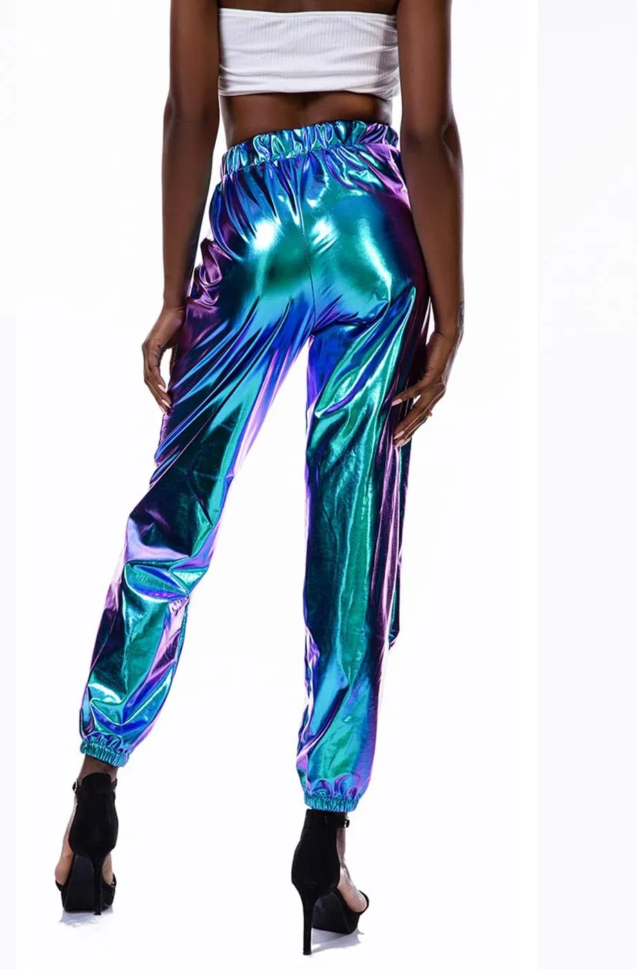 SIAEAMRG Womens Shiny Metallic High Waist Stretchy Jogger Pants, Wet Look Hip Hop Club Wear Holographic Trousers Sweatpant