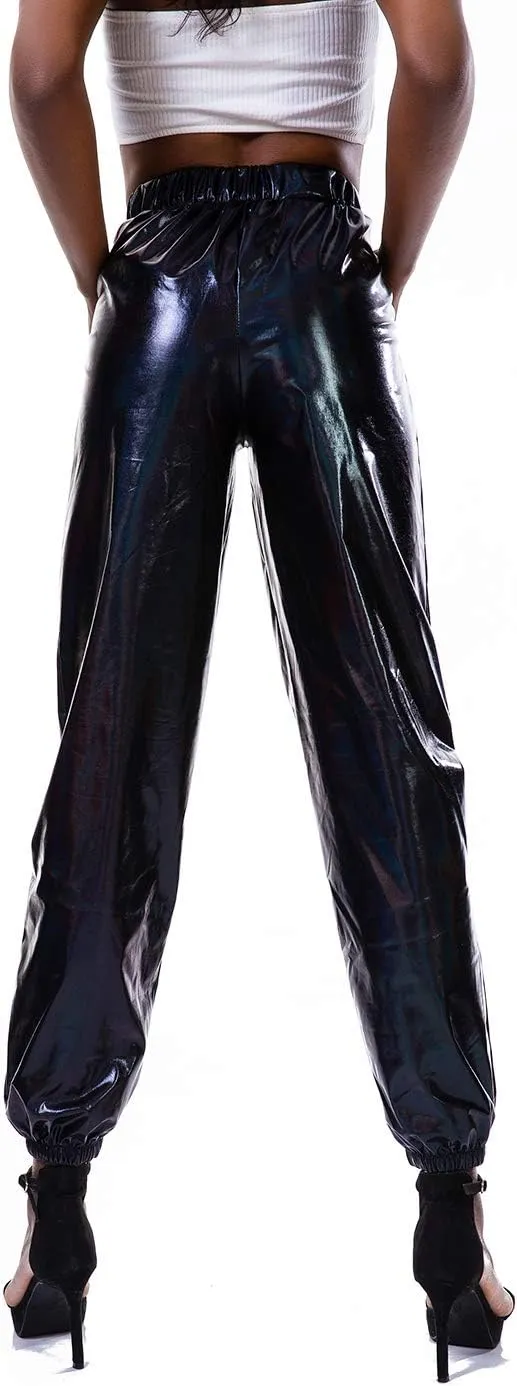 SIAEAMRG Womens Shiny Metallic High Waist Stretchy Jogger Pants, Wet Look Hip Hop Club Wear Holographic Trousers Sweatpant