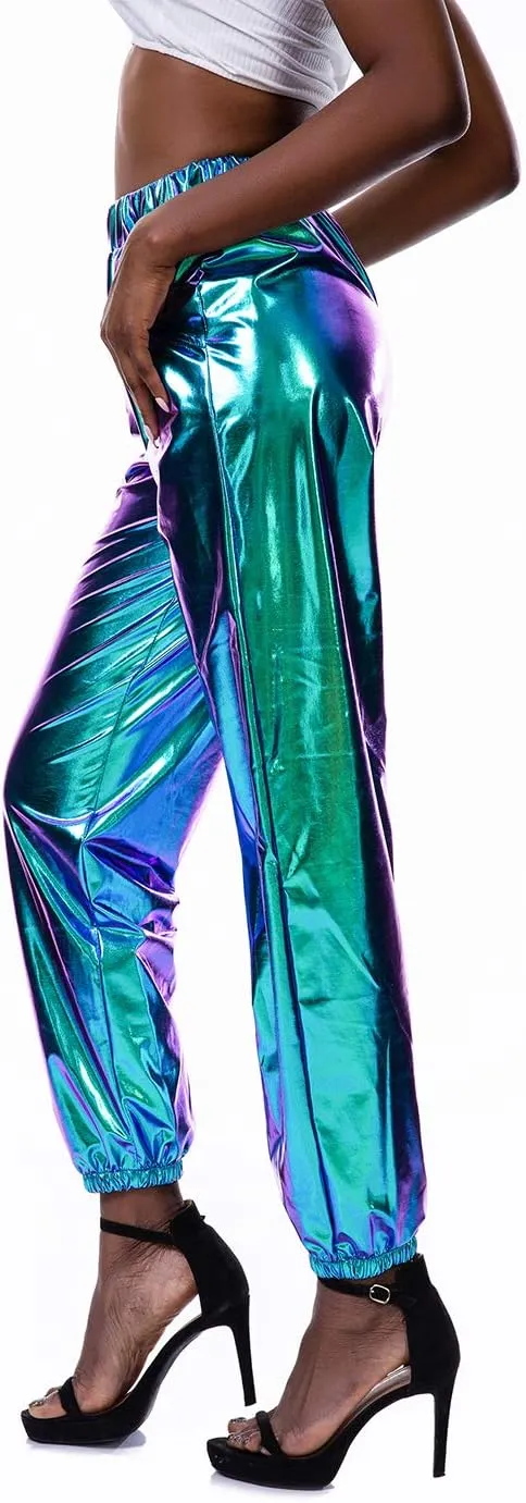 SIAEAMRG Womens Shiny Metallic High Waist Stretchy Jogger Pants, Wet Look Hip Hop Club Wear Holographic Trousers Sweatpant