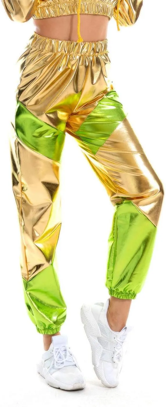 SIAEAMRG Womens Shiny Metallic High Waist Stretchy Jogger Pants, Wet Look Hip Hop Club Wear Holographic Trousers Sweatpant