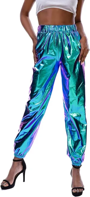 SIAEAMRG Womens Shiny Metallic High Waist Stretchy Jogger Pants, Wet Look Hip Hop Club Wear Holographic Trousers Sweatpant