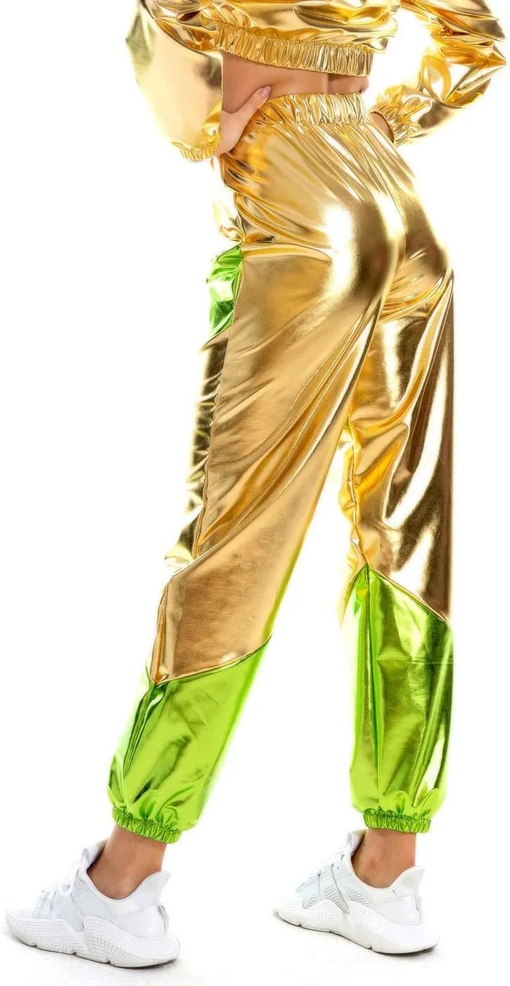 SIAEAMRG Womens Shiny Metallic High Waist Stretchy Jogger Pants, Wet Look Hip Hop Club Wear Holographic Trousers Sweatpant