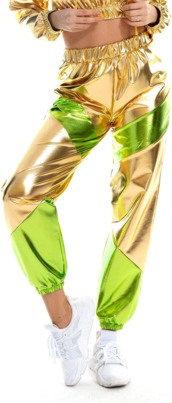 SIAEAMRG Womens Shiny Metallic High Waist Stretchy Jogger Pants, Wet Look Hip Hop Club Wear Holographic Trousers Sweatpant