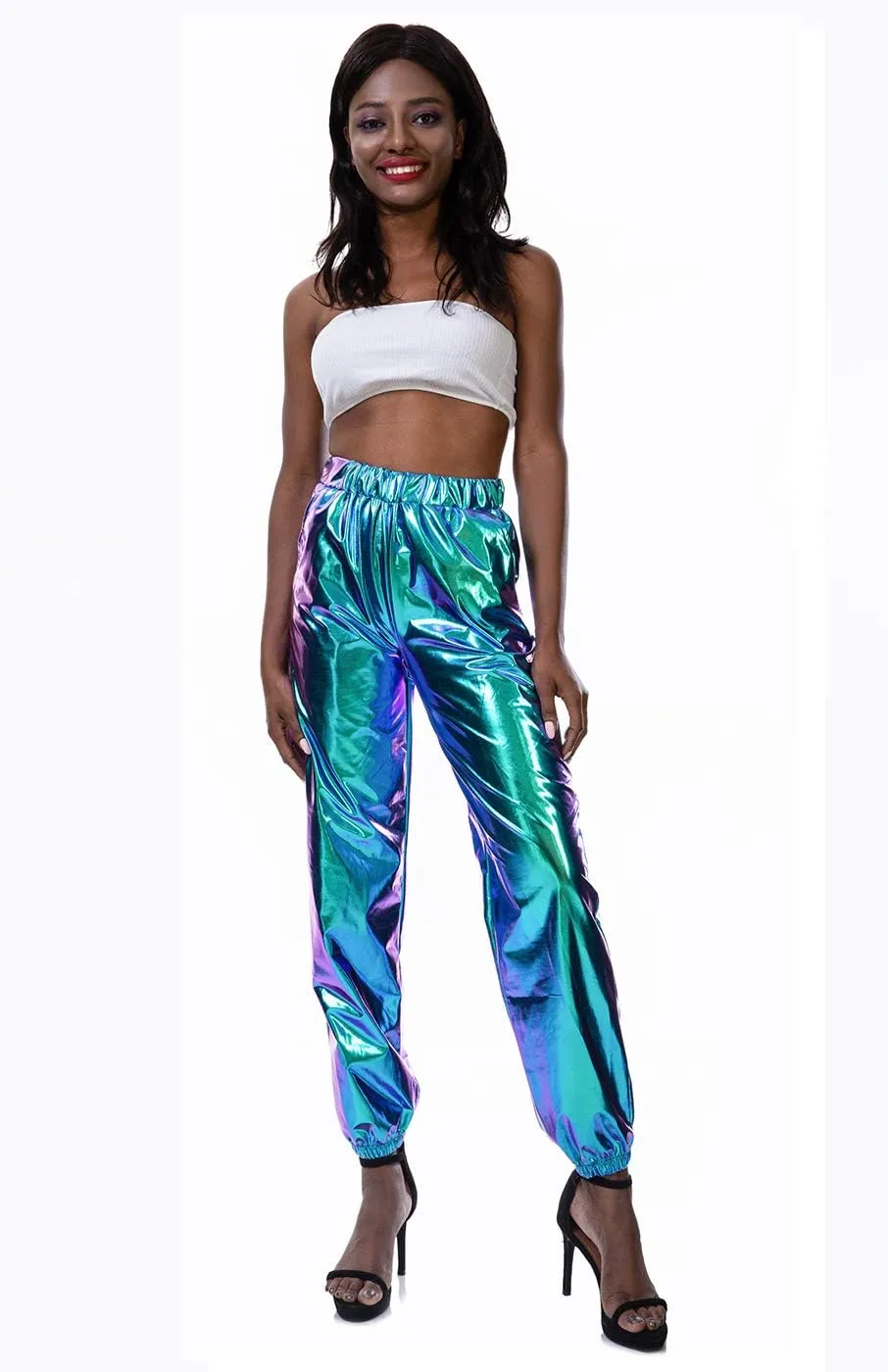 SIAEAMRG Womens Shiny Metallic High Waist Stretchy Jogger Pants, Wet Look Hip Hop Club Wear Holographic Trousers Sweatpant