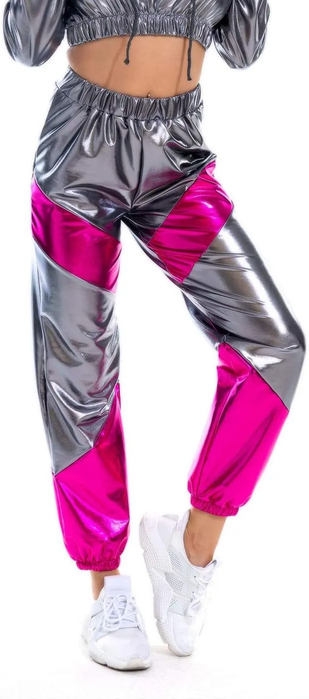 SIAEAMRG Womens Shiny Metallic High Waist Stretchy Jogger Pants, Wet Look Hip Hop Club Wear Holographic Trousers Sweatpant