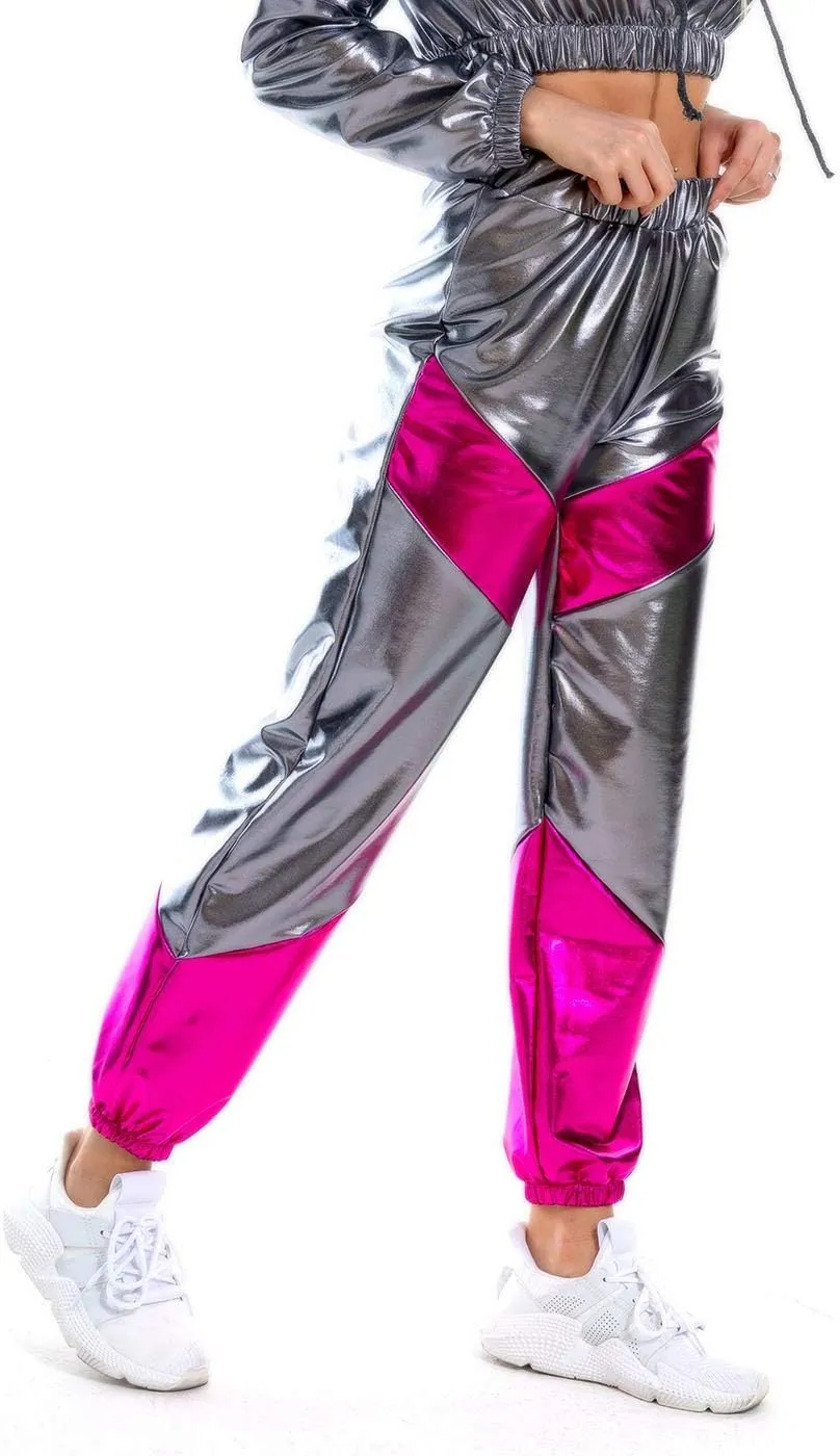SIAEAMRG Womens Shiny Metallic High Waist Stretchy Jogger Pants, Wet Look Hip Hop Club Wear Holographic Trousers Sweatpant