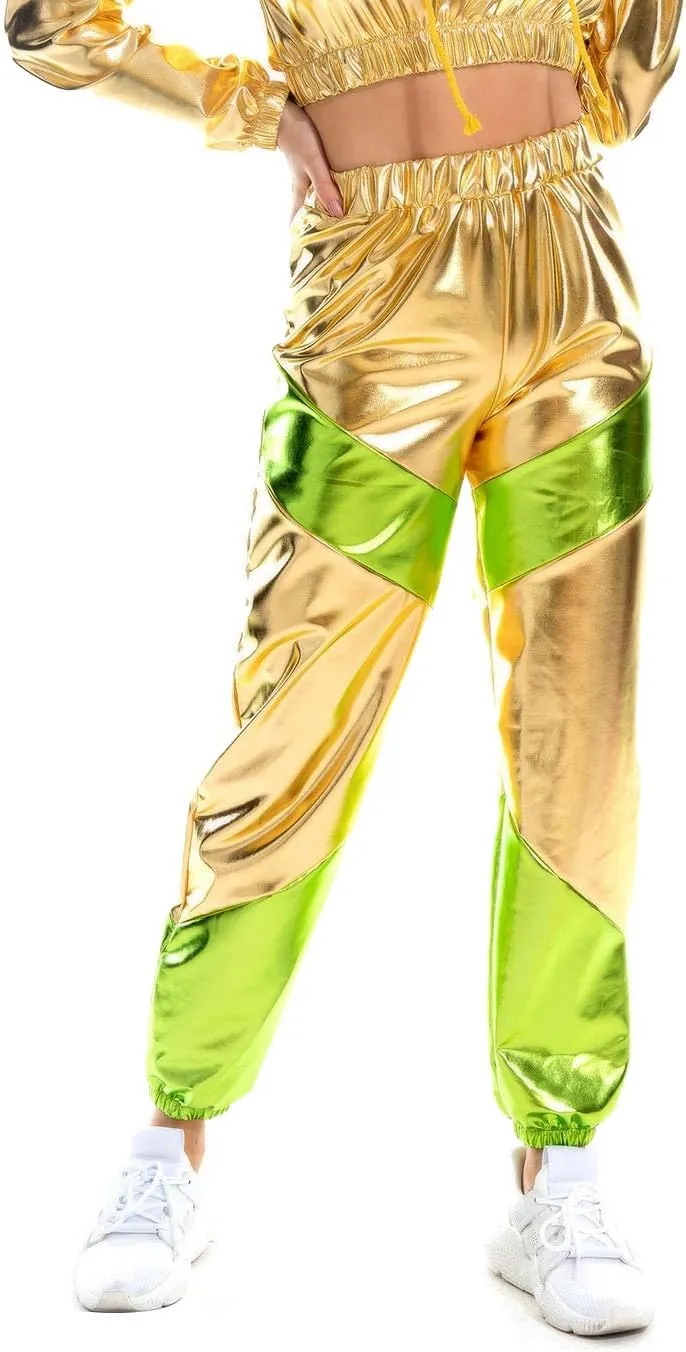SIAEAMRG Womens Shiny Metallic High Waist Stretchy Jogger Pants, Wet Look Hip Hop Club Wear Holographic Trousers Sweatpant