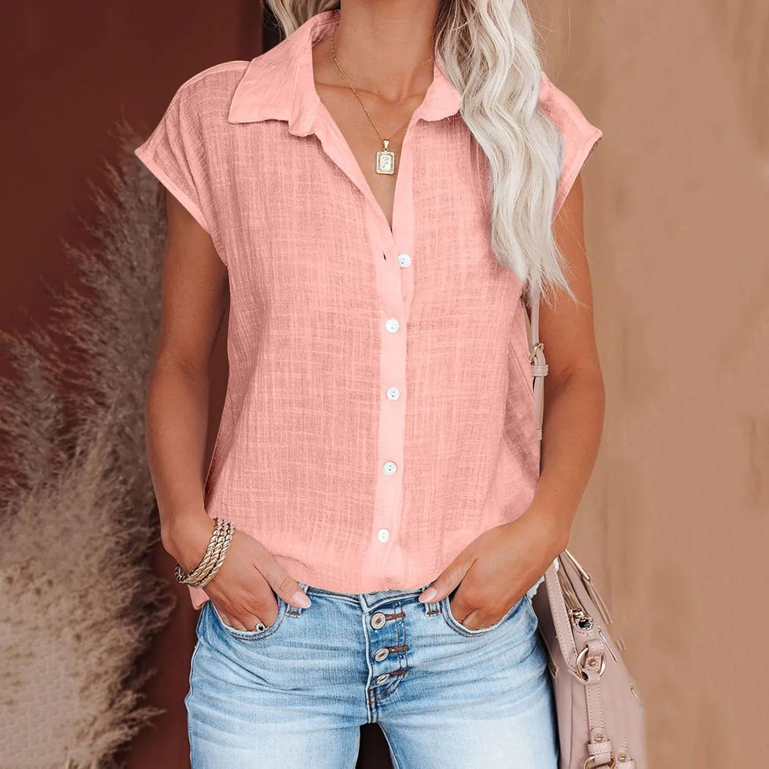SMIDOW Womens Button Down Cotton Linen Shirts V Neck Roll Up Short Sleeve Blouses Loose Collared Shirt Casual Work Tops