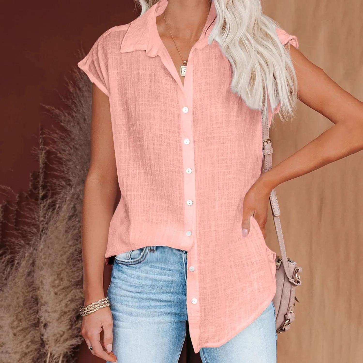 SMIDOW Womens Button Down Cotton Linen Shirts V Neck Roll Up Short Sleeve Blouses Loose Collared Shirt Casual Work Tops