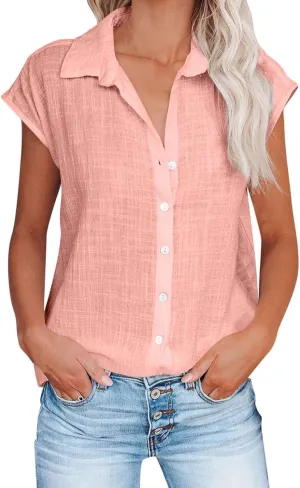 SMIDOW Womens Button Down Cotton Linen Shirts V Neck Roll Up Short Sleeve Blouses Loose Collared Shirt Casual Work Tops