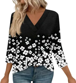Summer Shirts for Women,Women's Floral Print V-Neck 3/4 Sleeve Casual Blouse Top Elegant Spring Summer Fashion