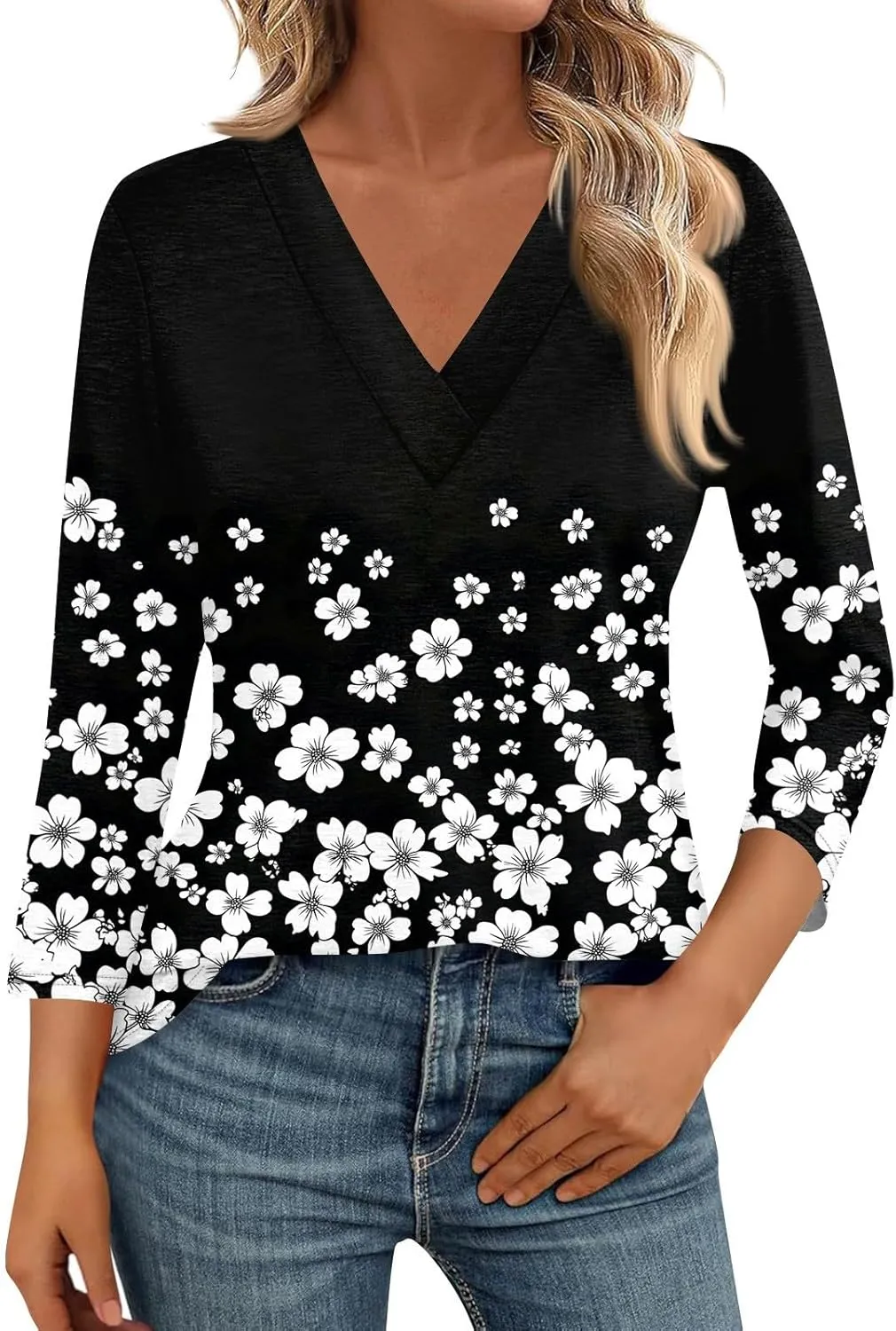 Summer Shirts for Women,Women's Floral Print V-Neck 3/4 Sleeve Casual Blouse Top Elegant Spring Summer Fashion