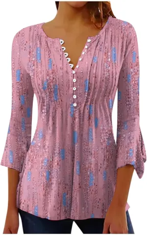 TANGNADE Women's 3/4 Sleeve Tunic Tops Pleated V Neck Blouses Dressy Casual Loose Spring and Summer T-Shirts