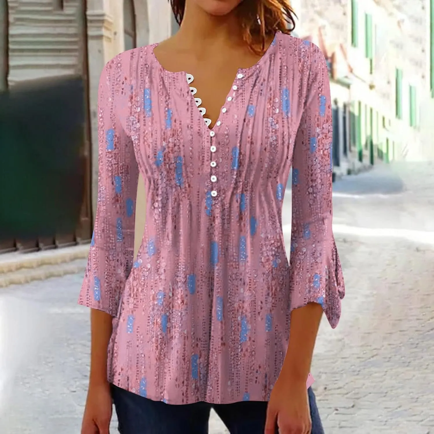TANGNADE Women's 3/4 Sleeve Tunic Tops Pleated V Neck Blouses Dressy Casual Loose Spring and Summer T-Shirts