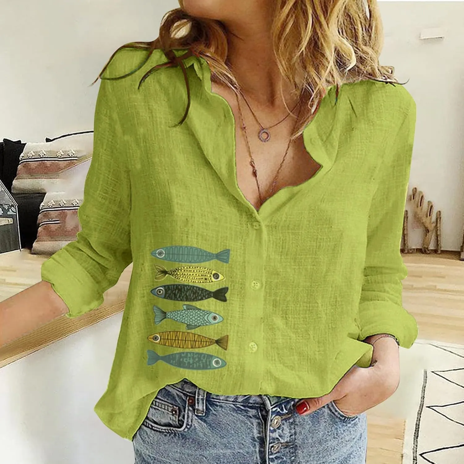 Tops for Women Trendy Summer Casual Plus Size Button Down T-Shirt Long Sleeve Linen Lightweight Fit Top with Pocket