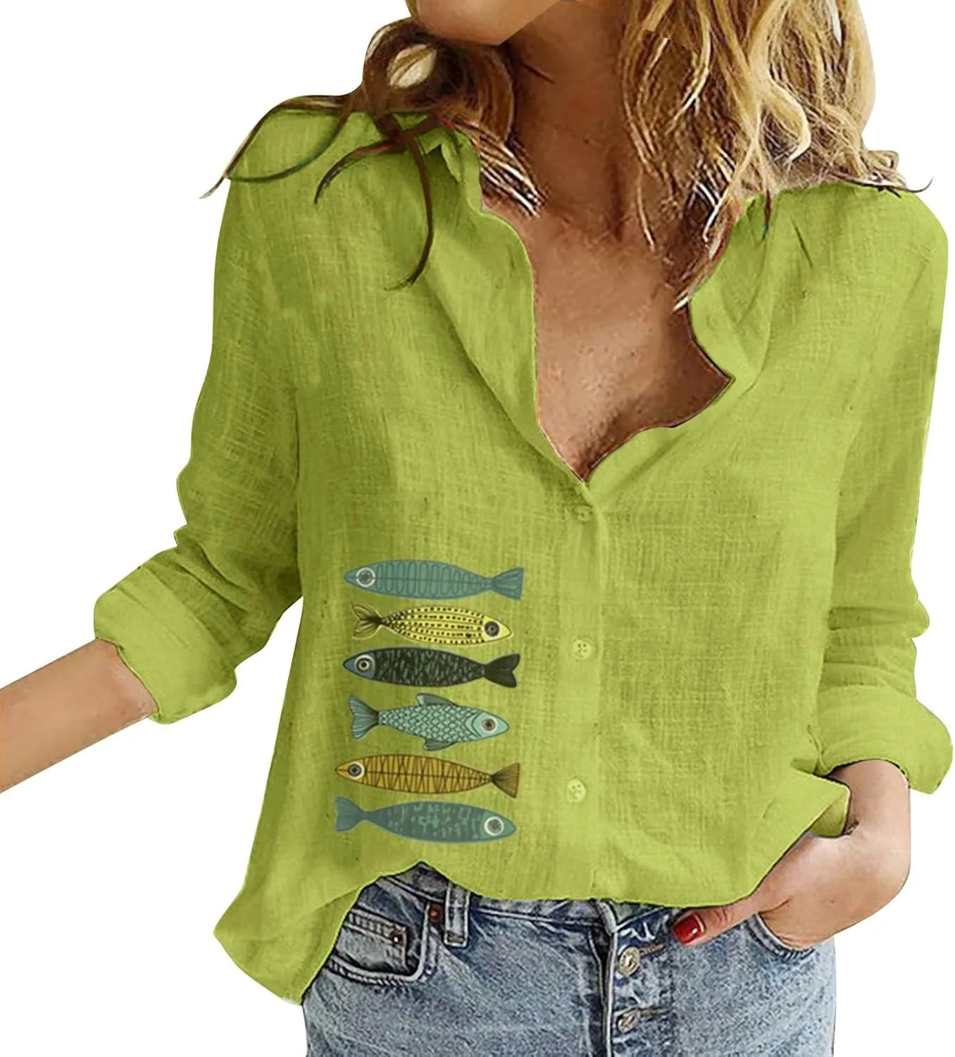 Tops for Women Trendy Summer Casual Plus Size Button Down T-Shirt Long Sleeve Linen Lightweight Fit Top with Pocket