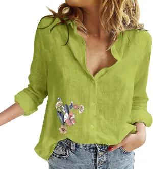 Tops for Women Trendy Summer Casual Plus Size Button Down T-Shirt Long Sleeve Linen Lightweight Fit Top with Pocket