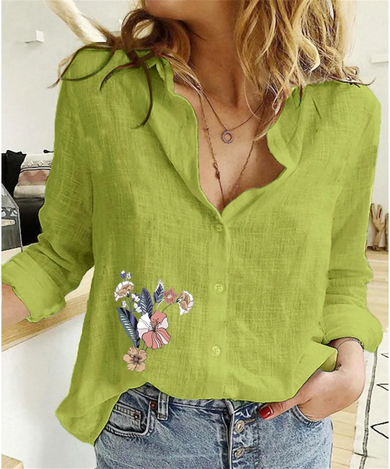 Tops for Women Trendy Summer Casual Plus Size Button Down T-Shirt Long Sleeve Linen Lightweight Fit Top with Pocket