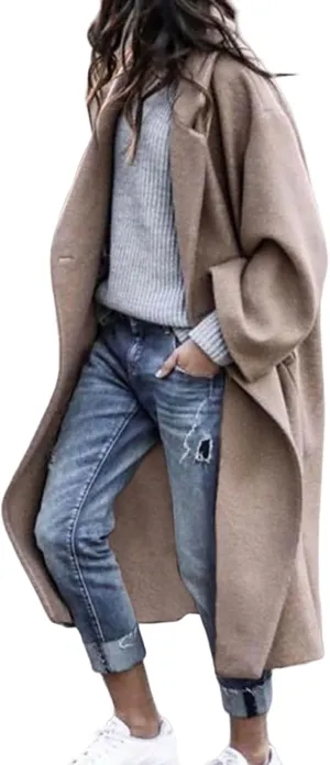 Trench Coats for Women Long Wool Blend Coat Lapel Jacket Oversized Jackets Soild Color Tops for Women