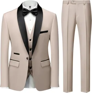 UNINUKOO Mens 3 Piece Suit Slim Fit Dress Tux Suits for Men Solid Color Wedding Classic Tuxedo Set