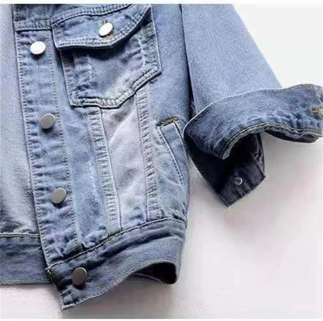 Vsadsau Women's Denim Jacket 3/4 Sleeve Lapel Short Casual Solid Color Buttons Jean Coats