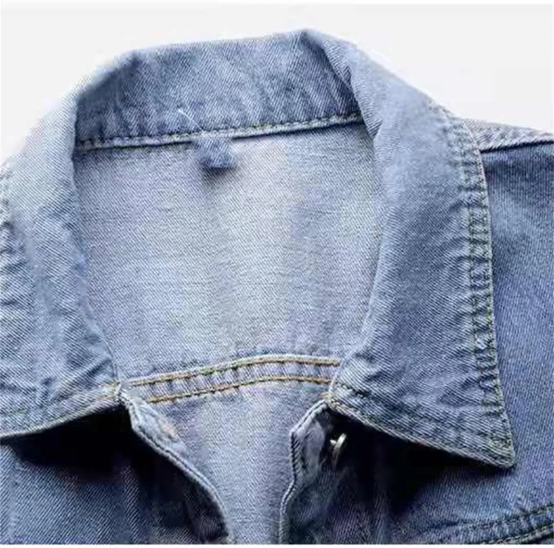Vsadsau Women's Denim Jacket 3/4 Sleeve Lapel Short Casual Solid Color Buttons Jean Coats