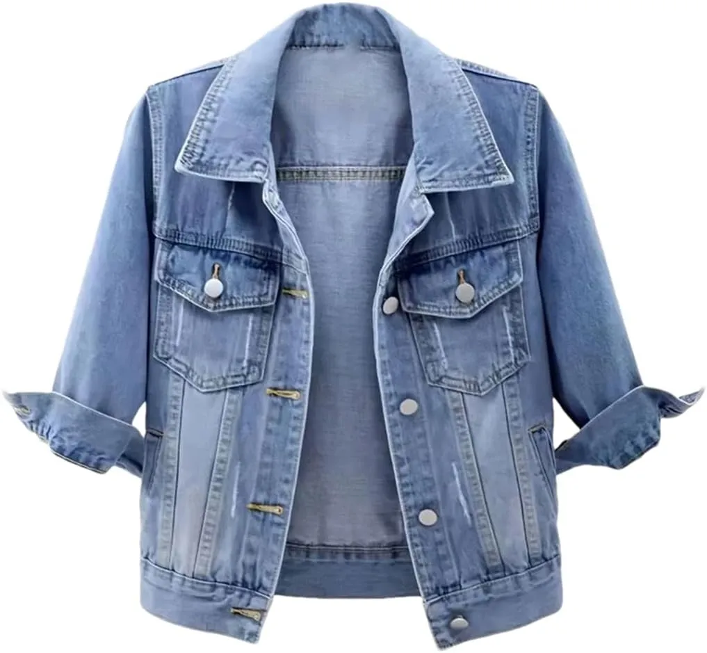 Vsadsau Women's Denim Jacket 3/4 Sleeve Lapel Short Casual Solid Color Buttons Jean Coats