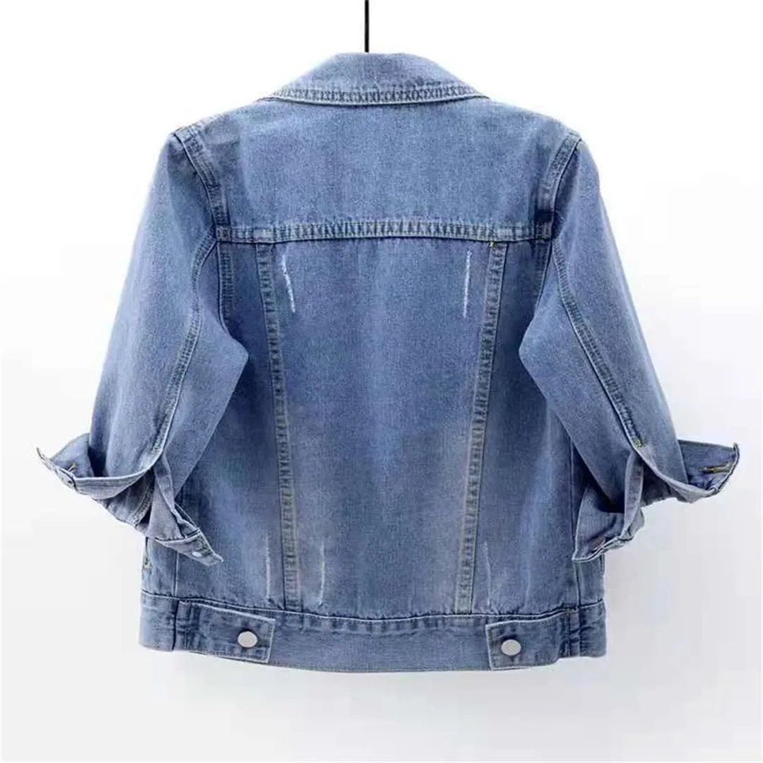 Vsadsau Women's Denim Jacket 3/4 Sleeve Lapel Short Casual Solid Color Buttons Jean Coats
