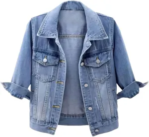 Vsadsau Women's Denim Jacket 3/4 Sleeve Lapel Short Casual Solid Color Buttons Jean Coats