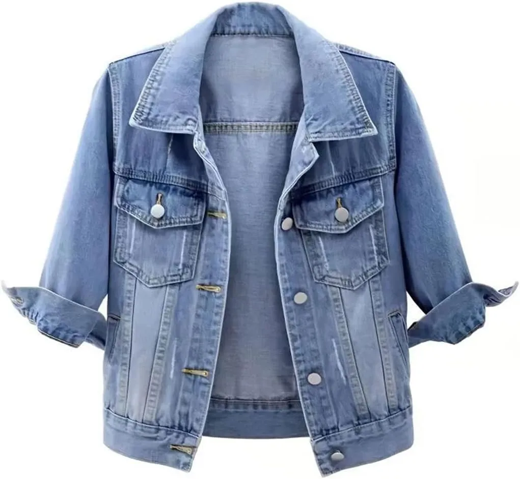 Vsadsau Women's Denim Jacket 3/4 Sleeve Lapel Short Casual Solid Color Buttons Jean Coats