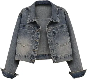 Vsadsau Women's Denim Jacket Loose Casual Buttons Solid Color Lapel Long Sleeve Jean Coats