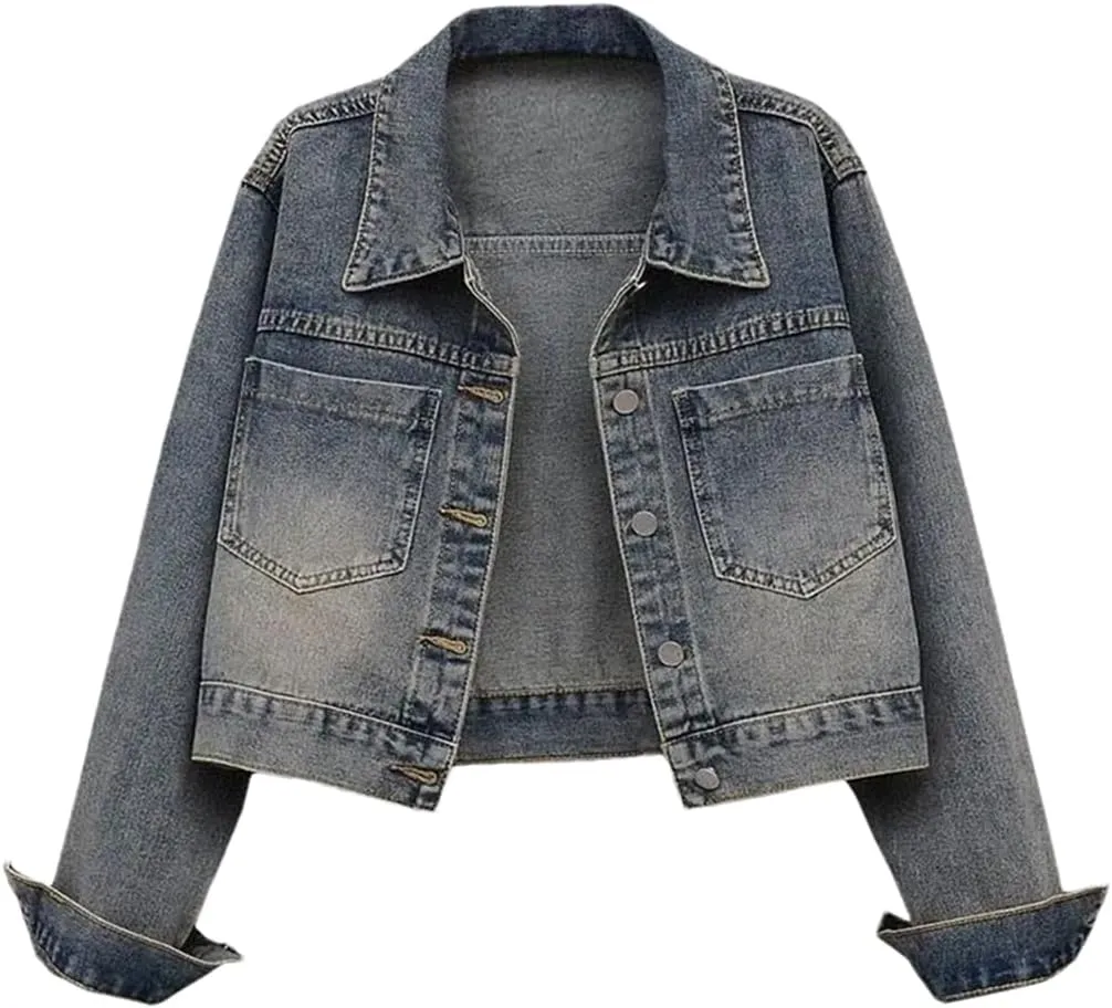 Vsadsau Women's Denim Jacket Loose Casual Buttons Solid Color Lapel Long Sleeve Jean Coats