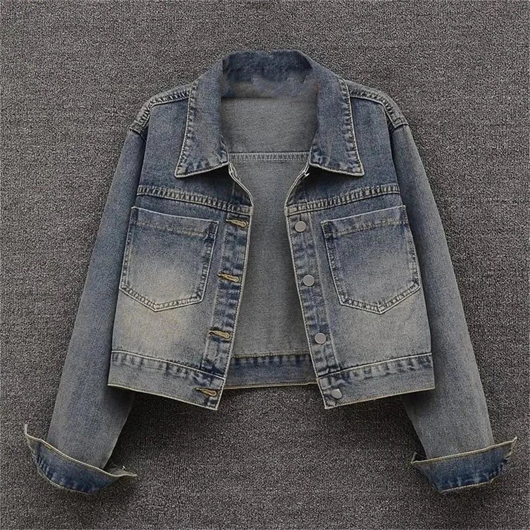 Vsadsau Women's Denim Jacket Loose Casual Buttons Solid Color Lapel Long Sleeve Jean Coats