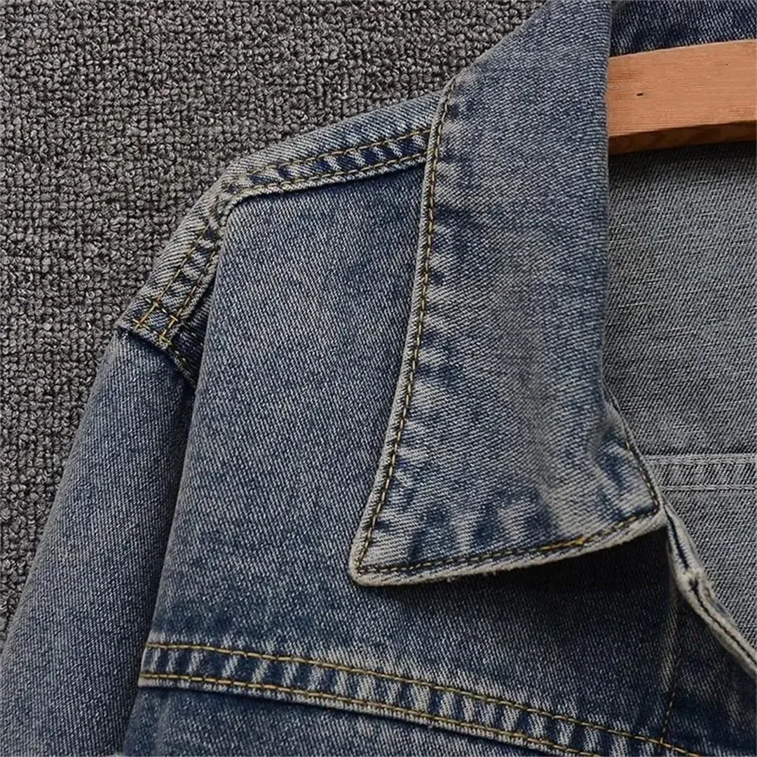 Vsadsau Women's Denim Jacket Loose Casual Buttons Solid Color Lapel Long Sleeve Jean Coats