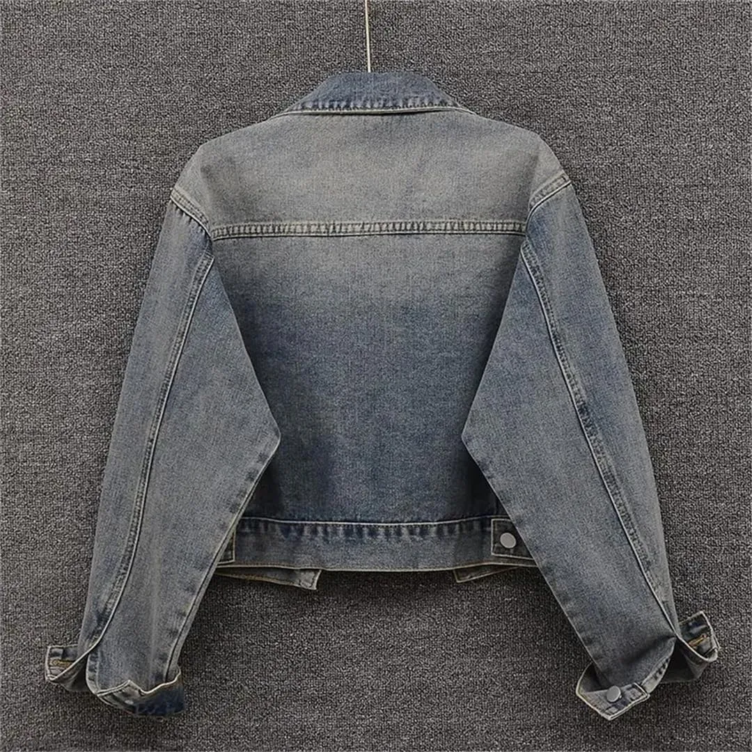 Vsadsau Women's Denim Jacket Loose Casual Buttons Solid Color Lapel Long Sleeve Jean Coats
